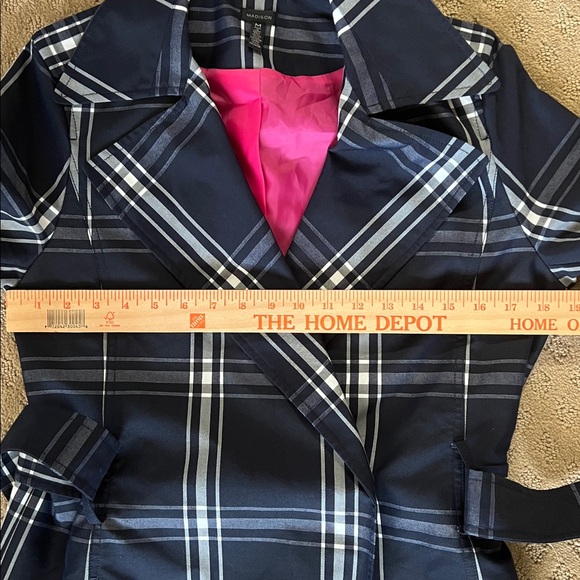 Madison Navy White Plaid Trench Coat Jacket Pink Lining - Picture 7 of 8